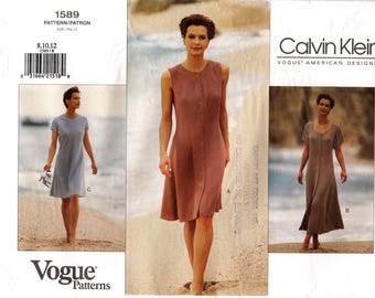 May include: Vogue Patterns sewing pattern featuring three dress designs. The pattern includes sizes 8, 10, and 12. The Calvin Klein Vogue American Designer pattern includes a sleeveless dress, a short-sleeved dress, and a long dress.