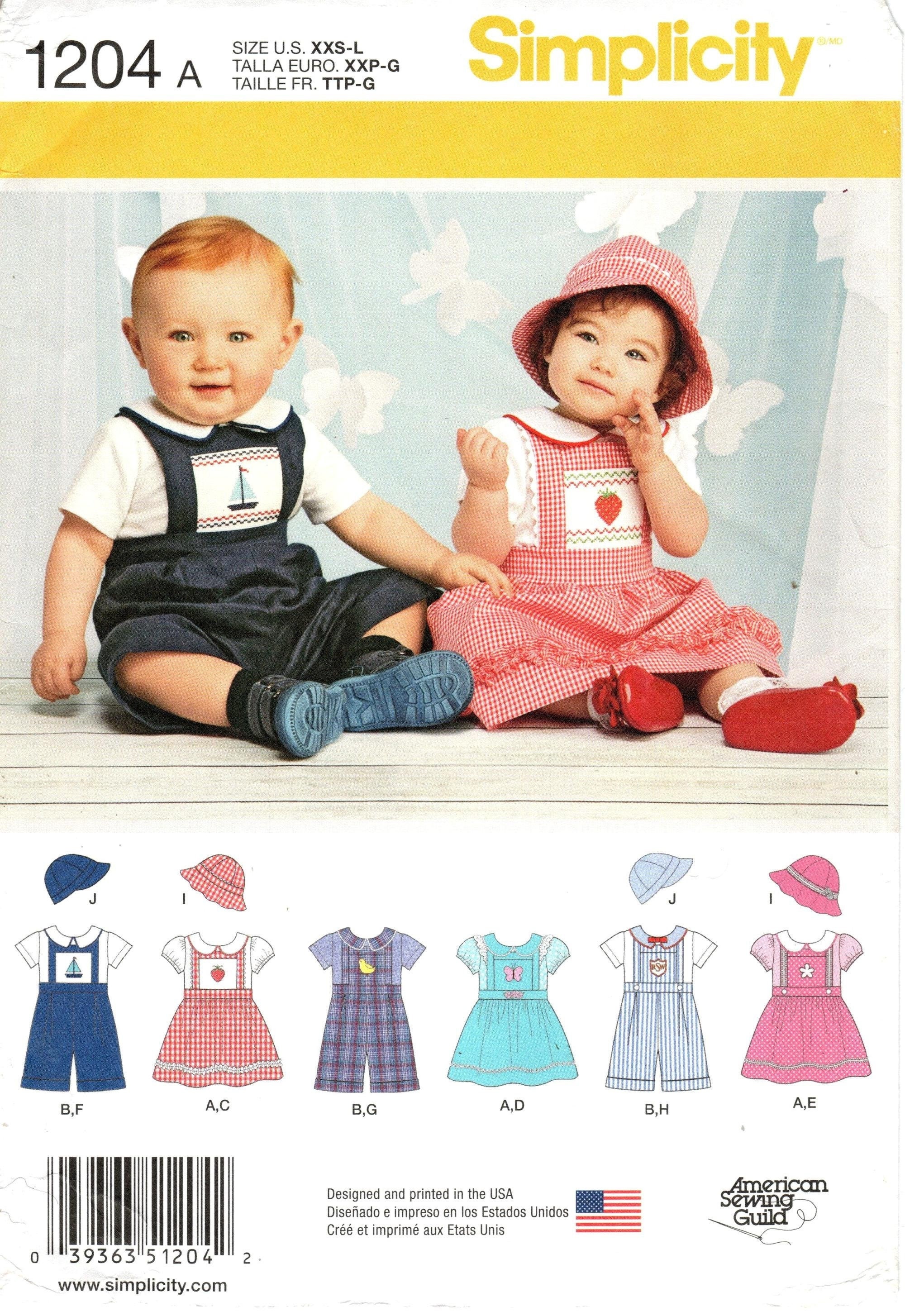 Sz XXS/XS/S/M/L - Simplicity Baby Pattern 1204 - Baby Romper or Jumper with Onesie Bodysuit and Hats - Cross-stitching Variations
