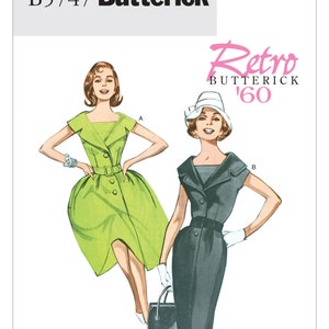 Butterick Dress Pattern B5747 - Misses&#39; Notch Collar Dresses in Two Skirt Choices - Vintage 1960 Reissued Pattern - Butterick Retro
