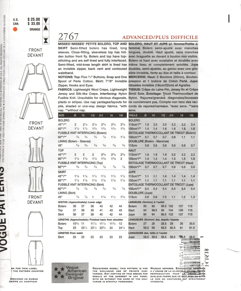 Vogue Donna Karan Sewing Pattern: Bolero Jacket, Top & Skirt, Sz 14-18 ...