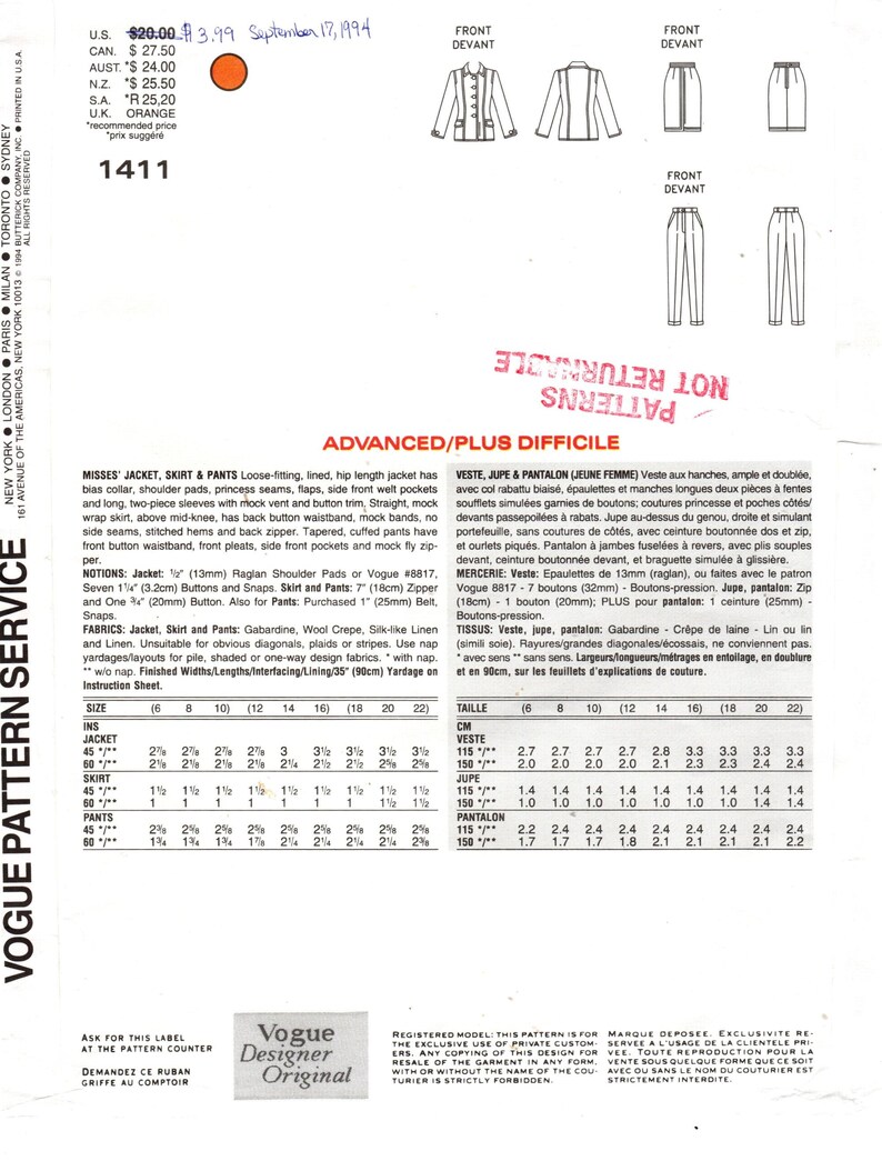Vogue 1411 Sewing Pattern by GENNY: Jacket, Skirt & Pants - Size 6/8/10 ...
