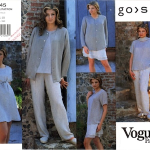 May include: A Vogue Patterns sewing pattern envelope labeled 1545 for sizes 6-8-10, featuring go silk clothing designs. The images display a light gray short-sleeved dress, a button-down cardigan, a short-sleeved top, and loose-fitting trousers.