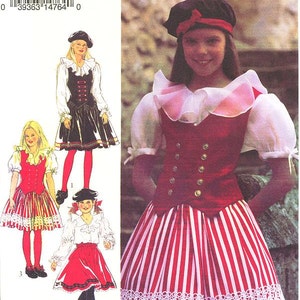 May include: A sewing pattern for a girl's costume. The pattern includes three different styles: a red and white striped skirt with a white lace trim, a red bodice with gold buttons, and a white blouse with a ruffled collar. The pattern is for sizes 9-14.