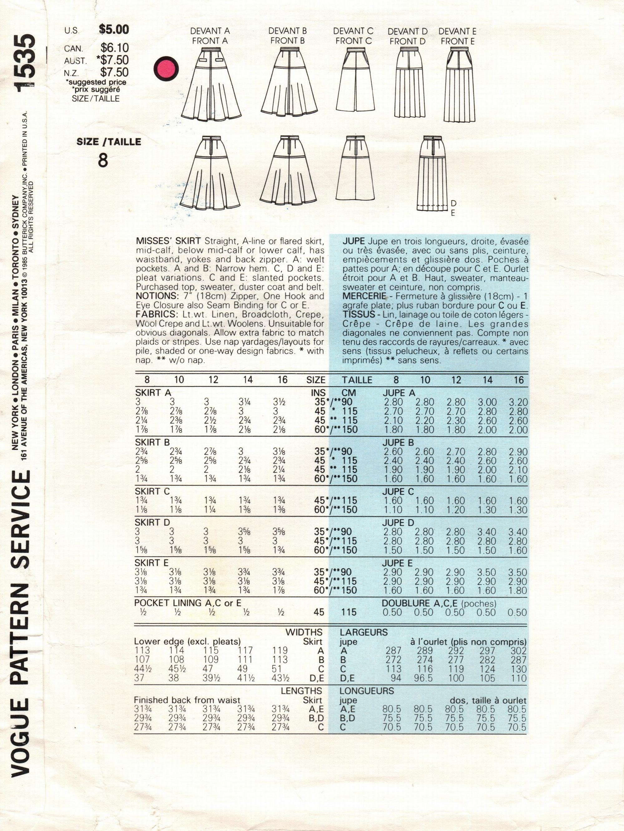 Sz 8 Vogue Skirt Pattern 1535 Misses' Straight A-line - Etsy