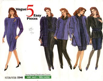 Patrón de costura Vogue 2346: Chaqueta, vestido, top y falda para señoras - Tallas 8/10/12