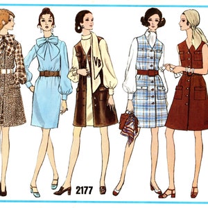 Könnte beinhalten: Ein Vintage-Schnittmuster für ein Kleid mit fünf verschiedenen Stilvarianten. Das Schnittmuster ist für Vogue's Basic Design und trägt die Nummer 2177.