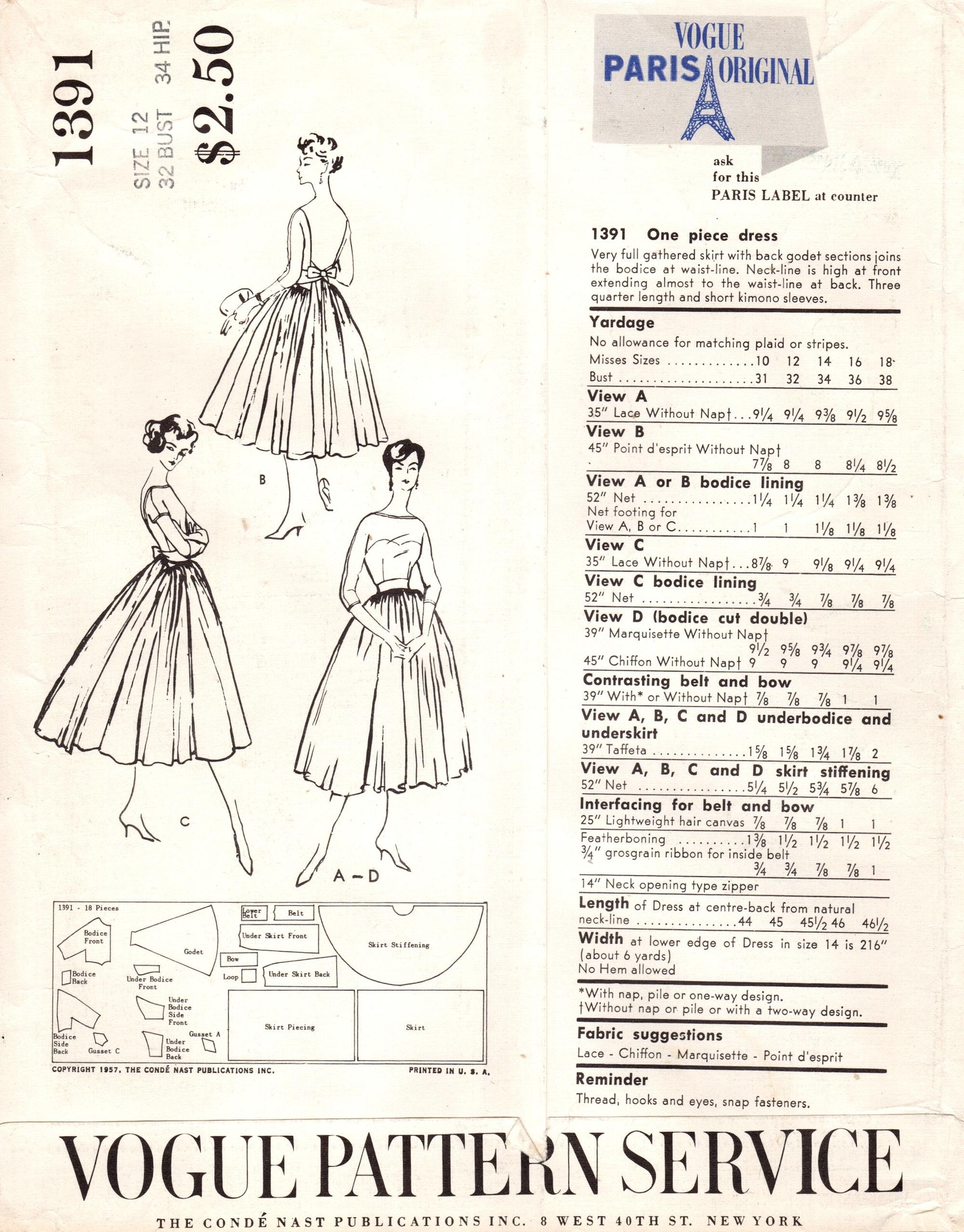 Vintage Vogue 1391 Sewing Pattern: Jacques Heim Full Skirt Dress, Size ...