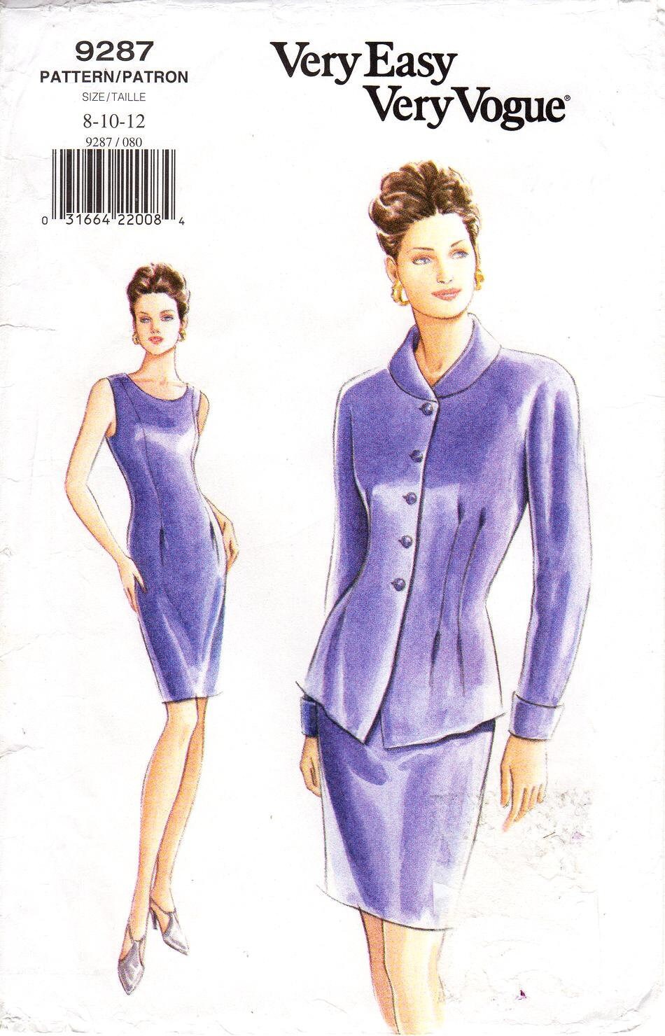 Sz 8/10/12 - Vogue Dress Pattern 9287 - Misses' Tapered, Lined Sleeveless Dress and Lined Jacket with Waist Tucks - Very Easy Very Vogue