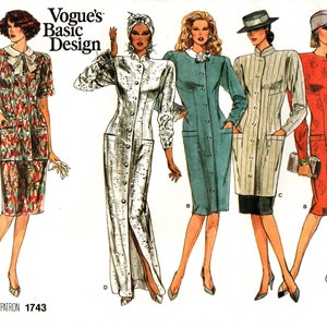 Sz 10 - Vtg Vogue Dress Pattern 1743 - 80&#39;s VOGUE BASIC DESIGN - Misses&#39; Fitted Dress, Tunic, Top and Skirt w/Collar and Sleeve Variations