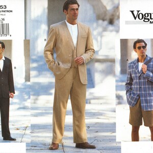 May include: A sewing pattern for men's clothing, featuring three different outfits: a tan suit, a black suit, and a plaid shirt with khaki shorts. The pattern number is 1753 and the sizes are 32, 34, and 36.