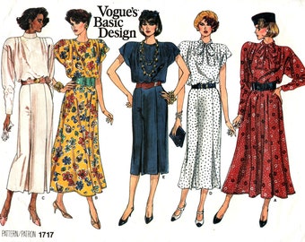 Sz 8/10/12 - Vogue Pattern 1717 - Misses' Loose-Fit, Blouson Bodice Dress w/Jewel Neckline or Collar & Skirt Variations - Vogue Basic Design