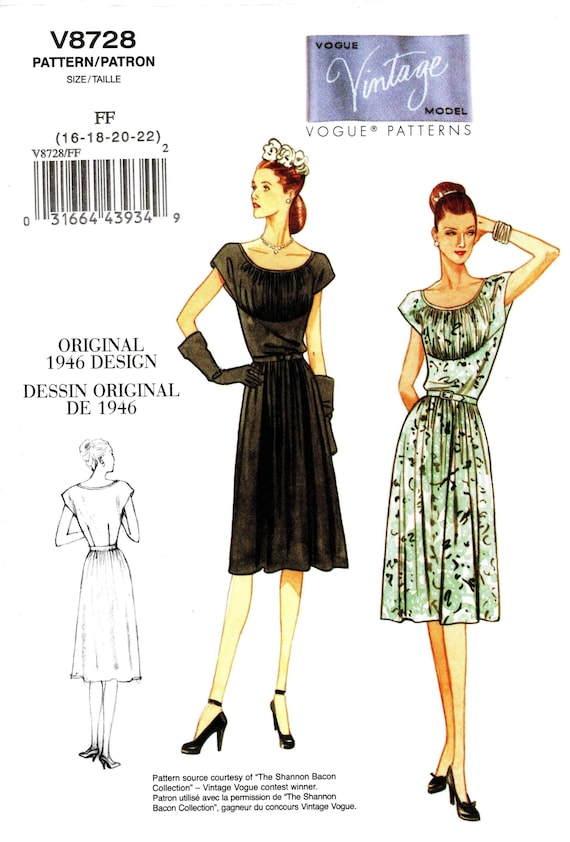 Vogue 1946 Vintage Dress Pattern V8728 - Size 16/18/20/22 - Etsy Canada
