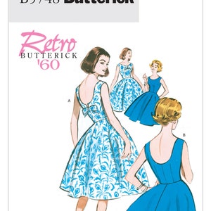 Butterick Dress Pattern B5748 - Misses&#39; Fit and Flare Dress with Deep Scooped Back in Two Ways - Vintage 1960 Reissued Pattern