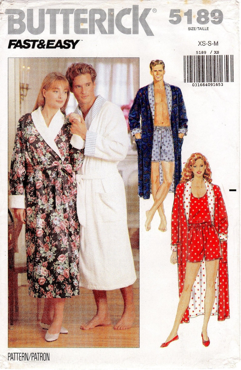 Sz XS/S/M Butterick Sleepwear Pattern 5189 Unisex Bathrobe/robe, Boxer