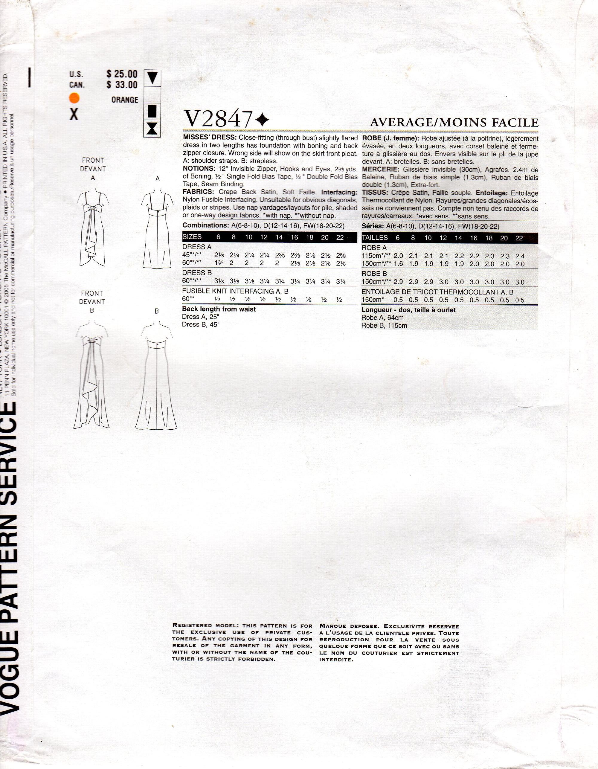 Pick Your Size Vogue Dress Pattern V2847 by TOM and LINDA Etsy