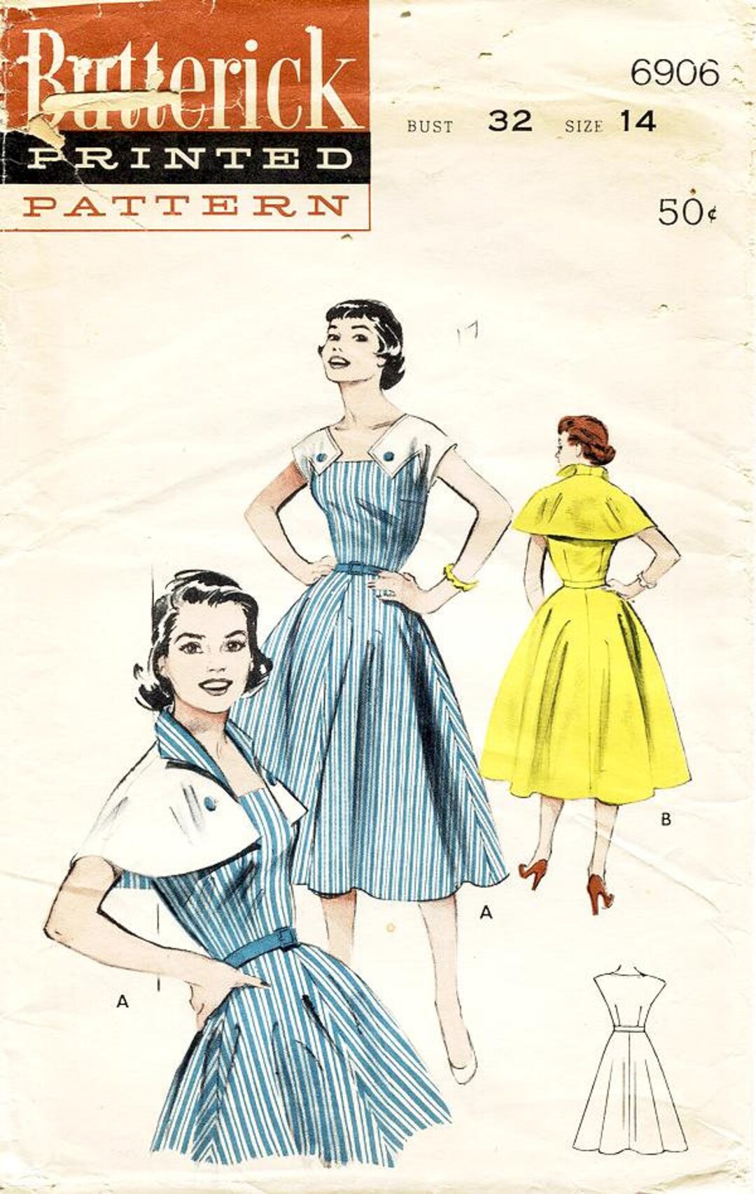Sz 14/bust 32" - Vintage 50s Dress Pattern - Butterick 6906 - Misses ...