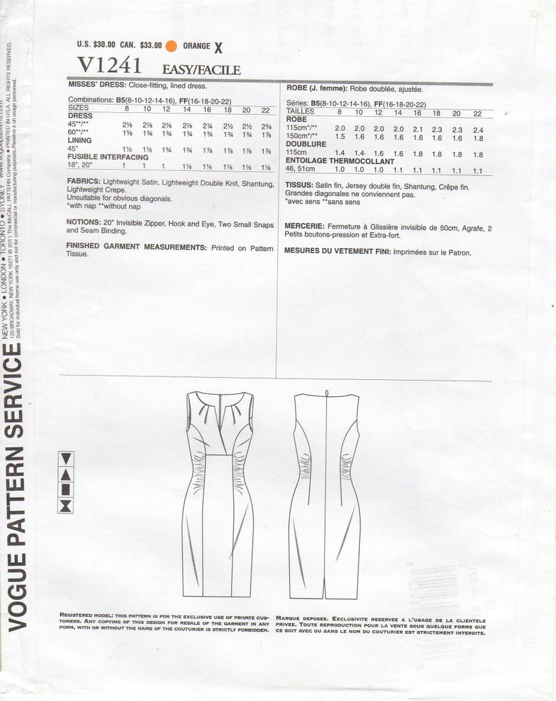 Pick Your Size Misses/' Fitted Lined Dress with Neckline Pleats /& Side Ruching Vogue Patterns Vogue Dress Pattern V1241 by KAY UNGER