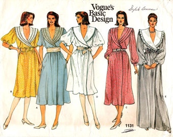 May include: A sewing pattern for a wrap dress with a ruffled collar. The pattern includes four different variations of the dress, in yellow, blue, white, and pink. The pattern number is 1131.