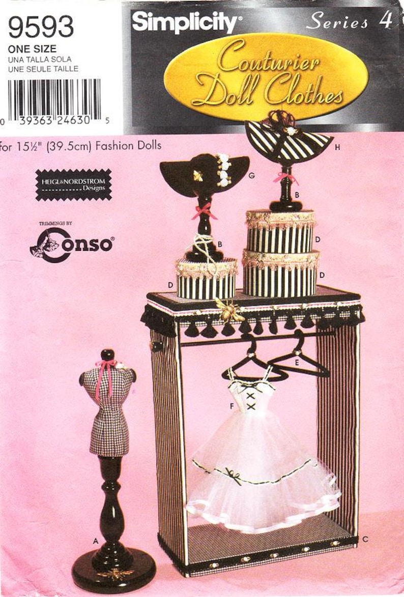 May include: Simplicity pattern number 9593, Series 4, Couturier Doll Clothes, for 15 1/2 inch (39.5 cm) fashion dolls. The pattern includes instructions for making a doll-sized dress, hat, and stand.