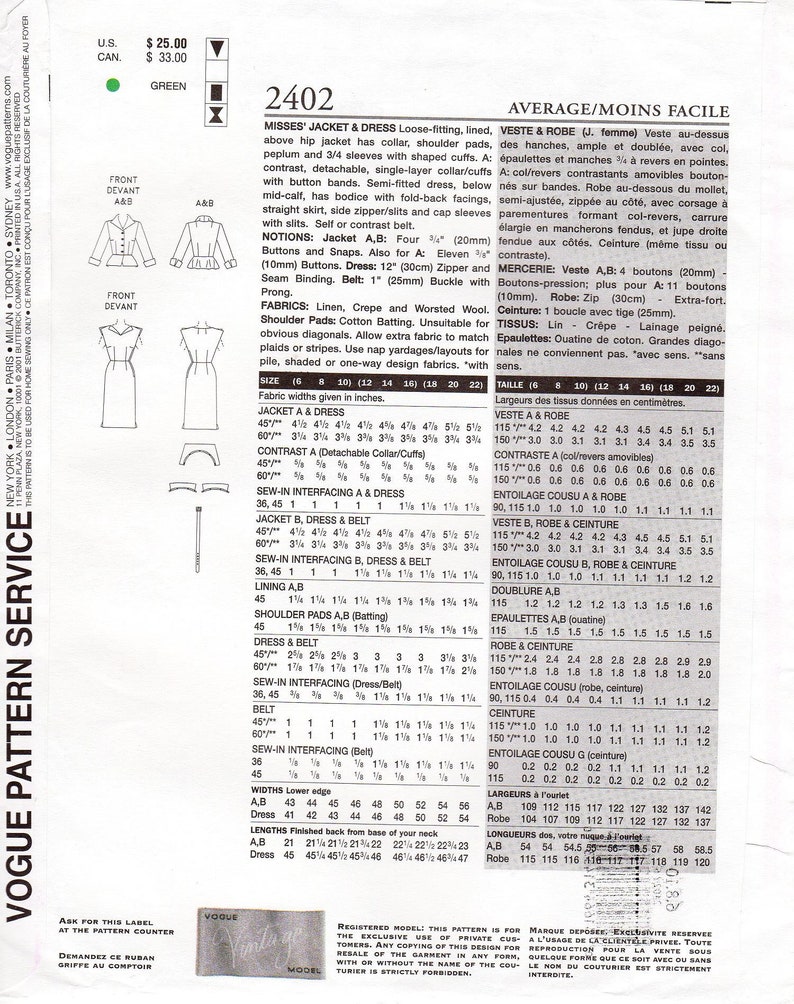 Sz 6/8/10 Vogue Dress Pattern 2402 Misses' Jacket With - Etsy