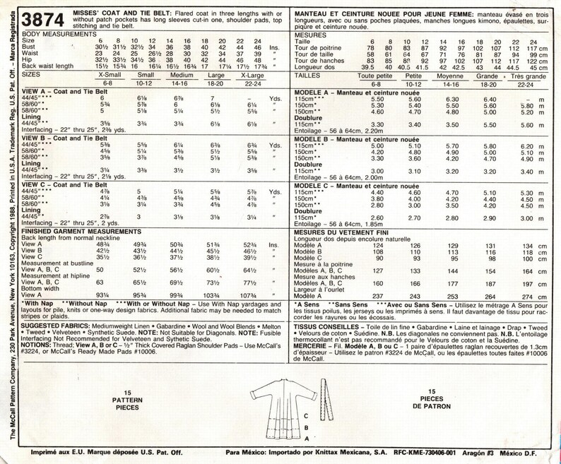 Sz XSm McCall's Coat Pattern 3874 by WOMAN'S DAY Misses' Lined, Shawl Collar, Wrap Coat or Jacket & Belt Easy McCall's Pattern image 2