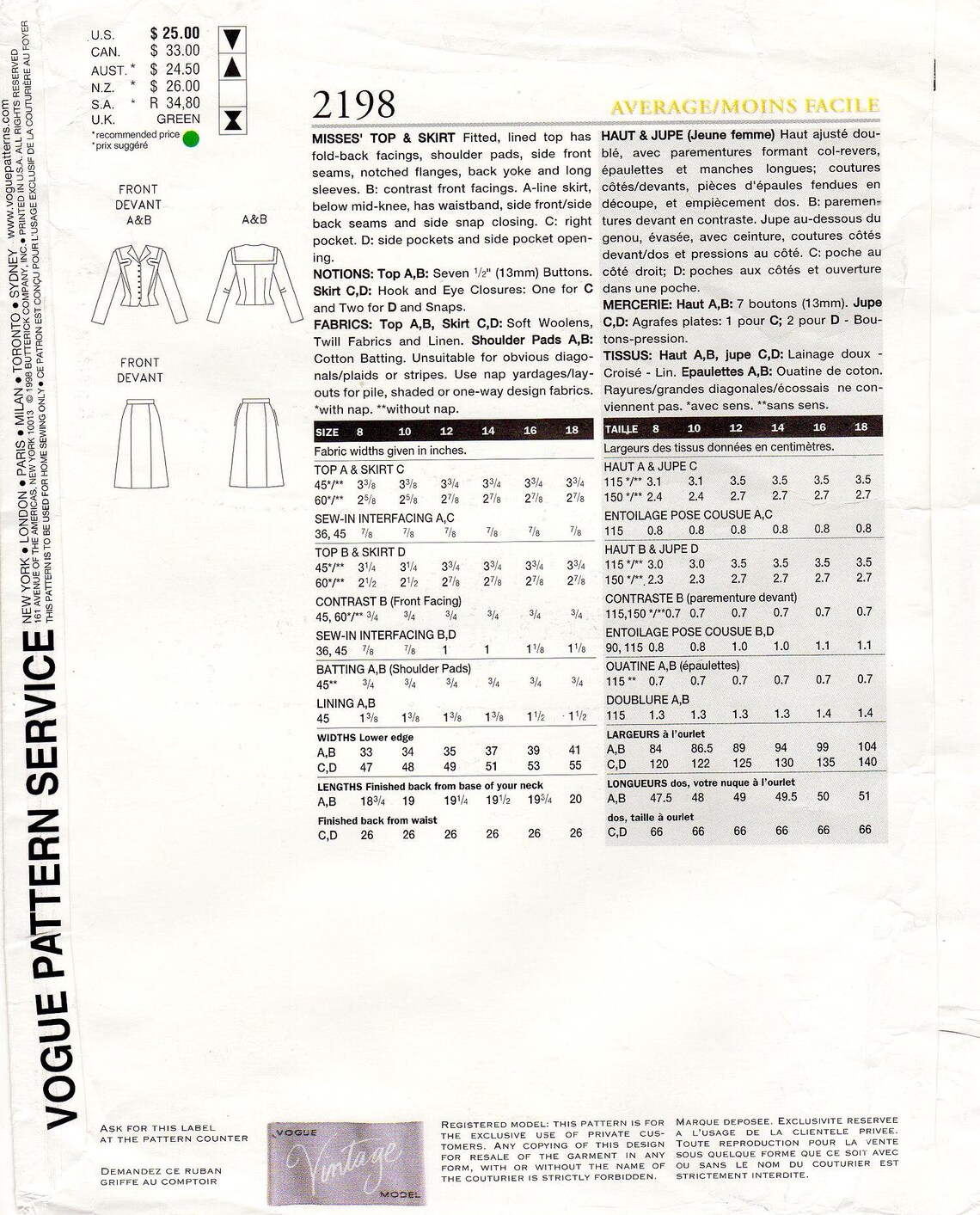 Pick A Size Vogue Dress Pattern 2198 Misses' Fitted Etsy