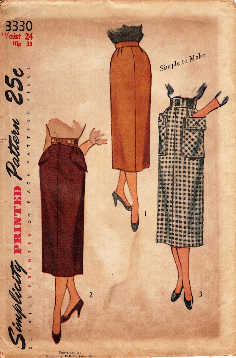 Vintage 50s Skirt Pattern Simplicity 3330 Misses' Four Panel Calf Length Skirt with Back Kick Pleat Three Options Waist 24/Hip 33 image 1