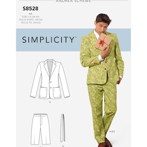 Könnte beinhalten: Simplicity-Schnittmuster S8528 für einen festlichen Anzug. Der Anzug ist limettengrün mit einem sich wiederholenden Muster aus roten und braunen Akzenten. Das Bild enthält eine Abbildung des Anzugs und eine Person, die den Anzug trägt und ein Geschenk hält.