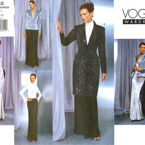 May include: Vogue Wardrobe pattern number 2362 for sizes 12-14-16. The pattern includes three different looks: a black and white patterned jacket and skirt, a silver satin skirt and jacket, and a silver satin gown.
