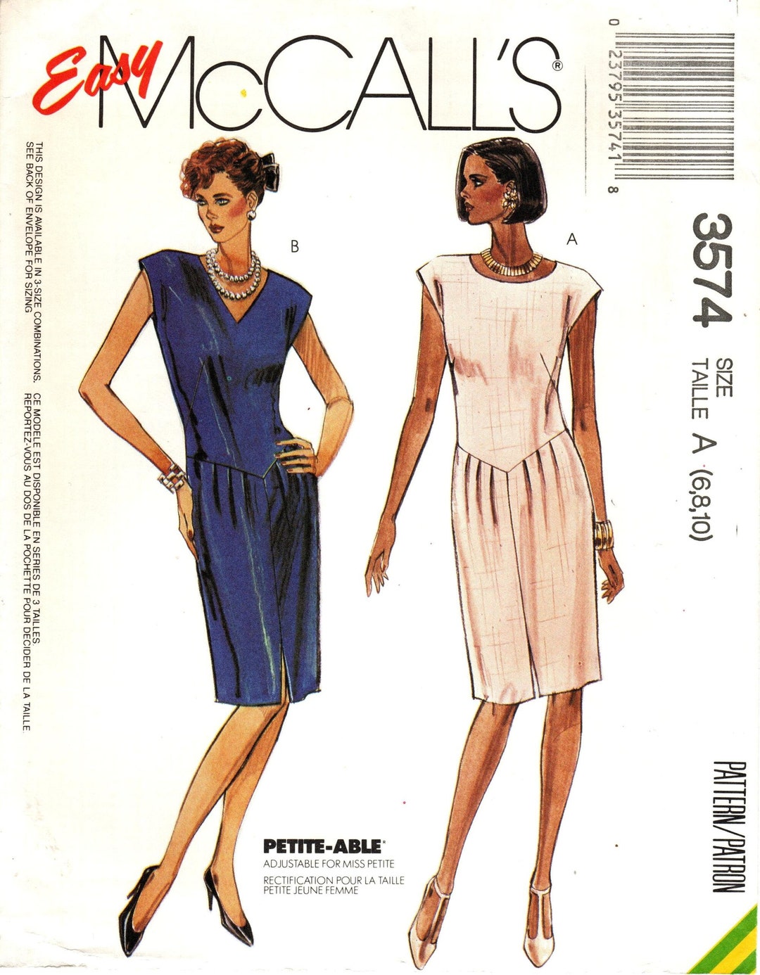 80s Mccall's 3574 Dress Pattern: Extended Shoulder, Pleated Skirt (size ...