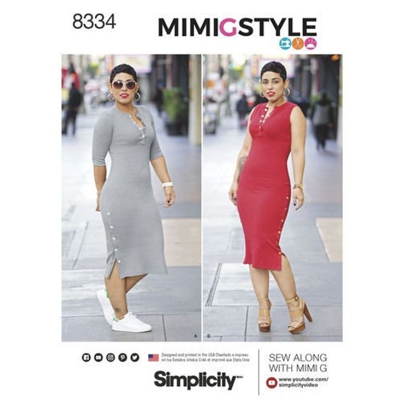 Simplicity 8334 Sewing Pattern: Mimi G Rib Knit Dress, Snap Front (Sz 16-24)