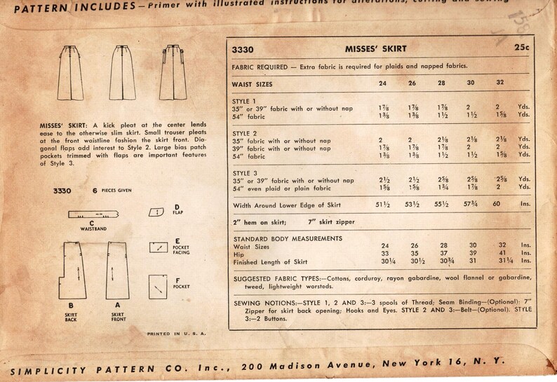 Vintage 50s Skirt Pattern Simplicity 3330 Misses' Four Panel Calf Length Skirt with Back Kick Pleat Three Options Waist 24/Hip 33 image 3