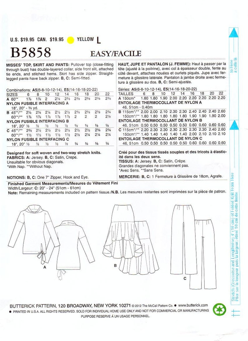 Skirt and Pants Sewing Template Size A5 Butterick Patterns B5858 Misses' Top Skirt and Pants Sewing Template Size A5 Butterick Patterns B5858 Misses' Top
