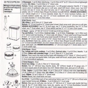 May include: A doll-making pattern for 15 1/2 inch dolls. The pattern includes instructions for making a mannequin, hat stands, a closet, hat boxes, velvet hangers, a slip bodice, and hats. The pattern includes a list of materials and notions needed for each project. The pattern is printed on a white background with black text and illustrations.