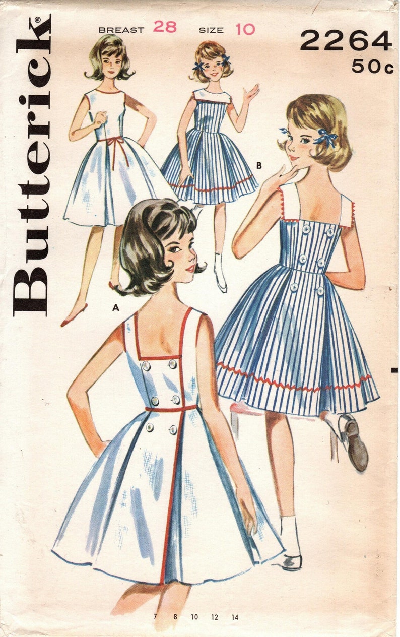 Sz 10/Breast 28 Butterick Girls' Pattern 2264 Girls' Sleeveless Wrap Around Dress in Two Options Original 60's Butterick Pattern image 1