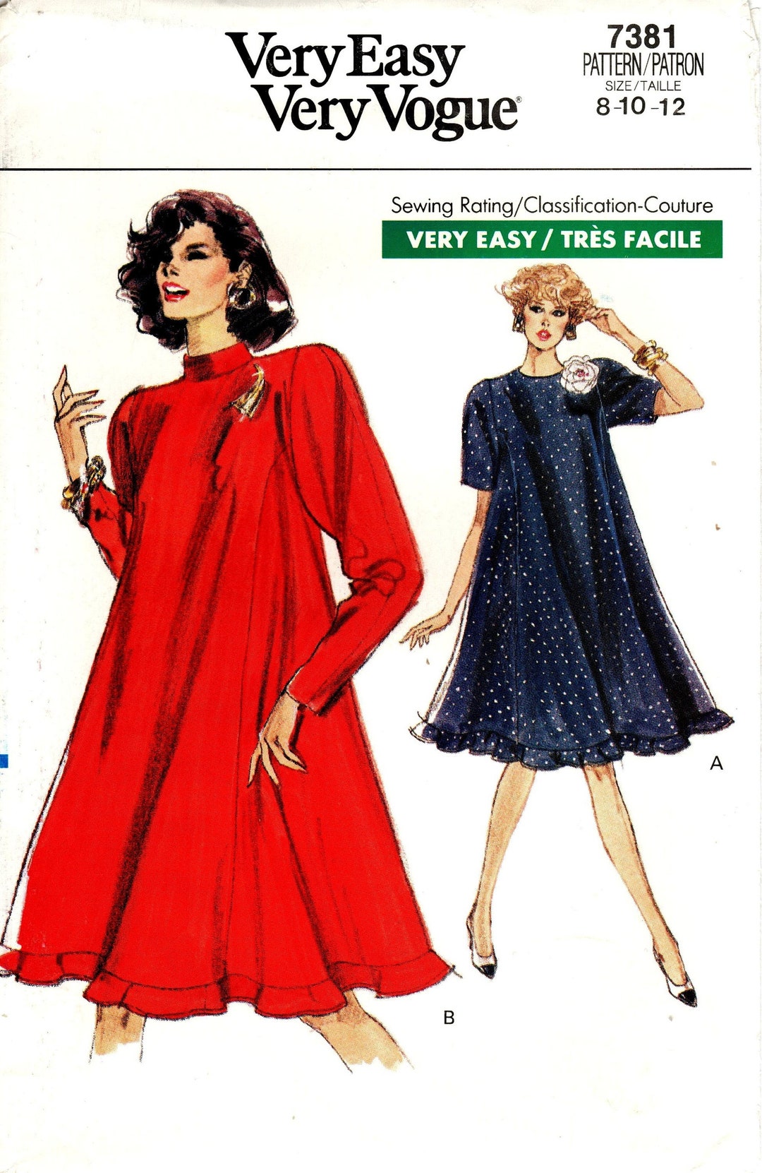 Sz 8/10/12 80's Vogue Dress Pattern 7381 Misses' Very Loosefitting