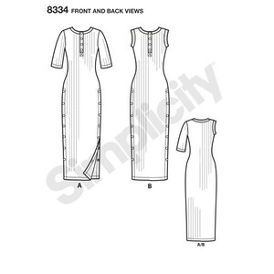 May include: A sewing pattern for a long, sleeveless dress with a button-up front and a side zipper. The pattern includes instructions for making both a long-sleeved and sleeveless version of the dress. The pattern is labeled "8334 Front and Back Views".