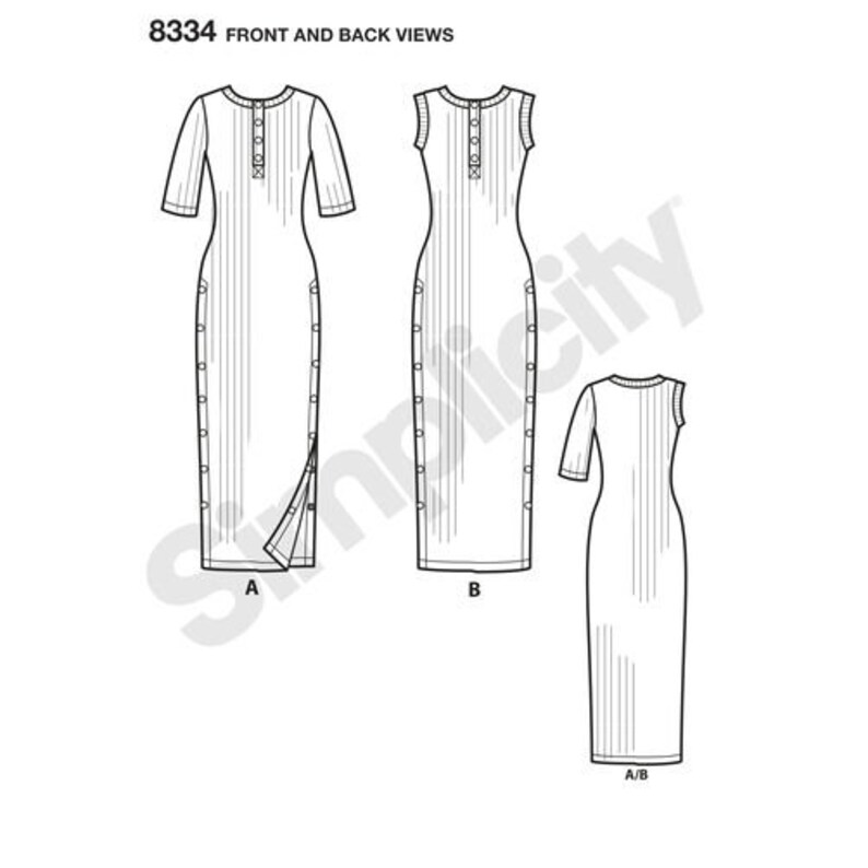 May include: A sewing pattern for a long, sleeveless dress with a button-up front and a side zipper. The pattern includes instructions for making both a long-sleeved and sleeveless version of the dress. The pattern is labeled "8334 Front and Back Views".