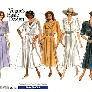 Op de afbeelding: Een naaipatroon voor vijf verschillende stijlen jurken. Het patroon heet Vogue's Basic Design en het patroonnummer is 2313. Het patroon is geclassificeerd als gemakkelijk.