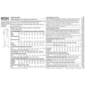 May include: A sewing pattern for a knit dress with instructions in English, French, and Spanish. The pattern includes measurements for sizes 8 to 26, and instructions for cutting and sewing the dress.