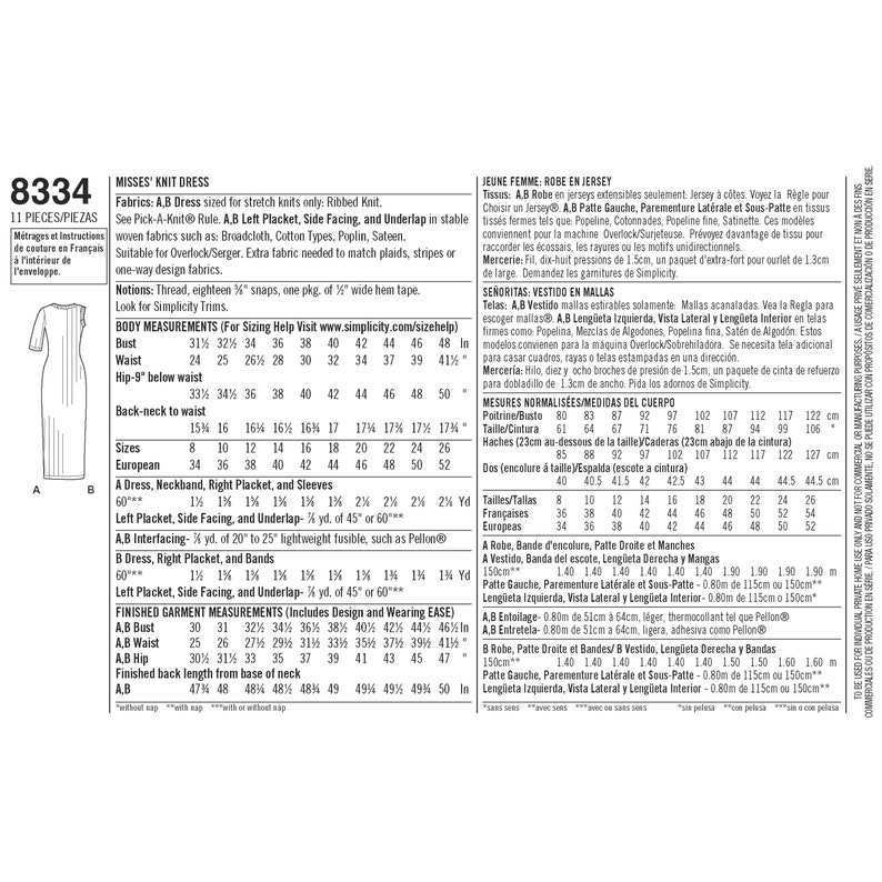 May include: A sewing pattern for a knit dress with instructions in English, French, and Spanish. The pattern includes measurements for sizes 8 to 26, and instructions for cutting and sewing the dress.