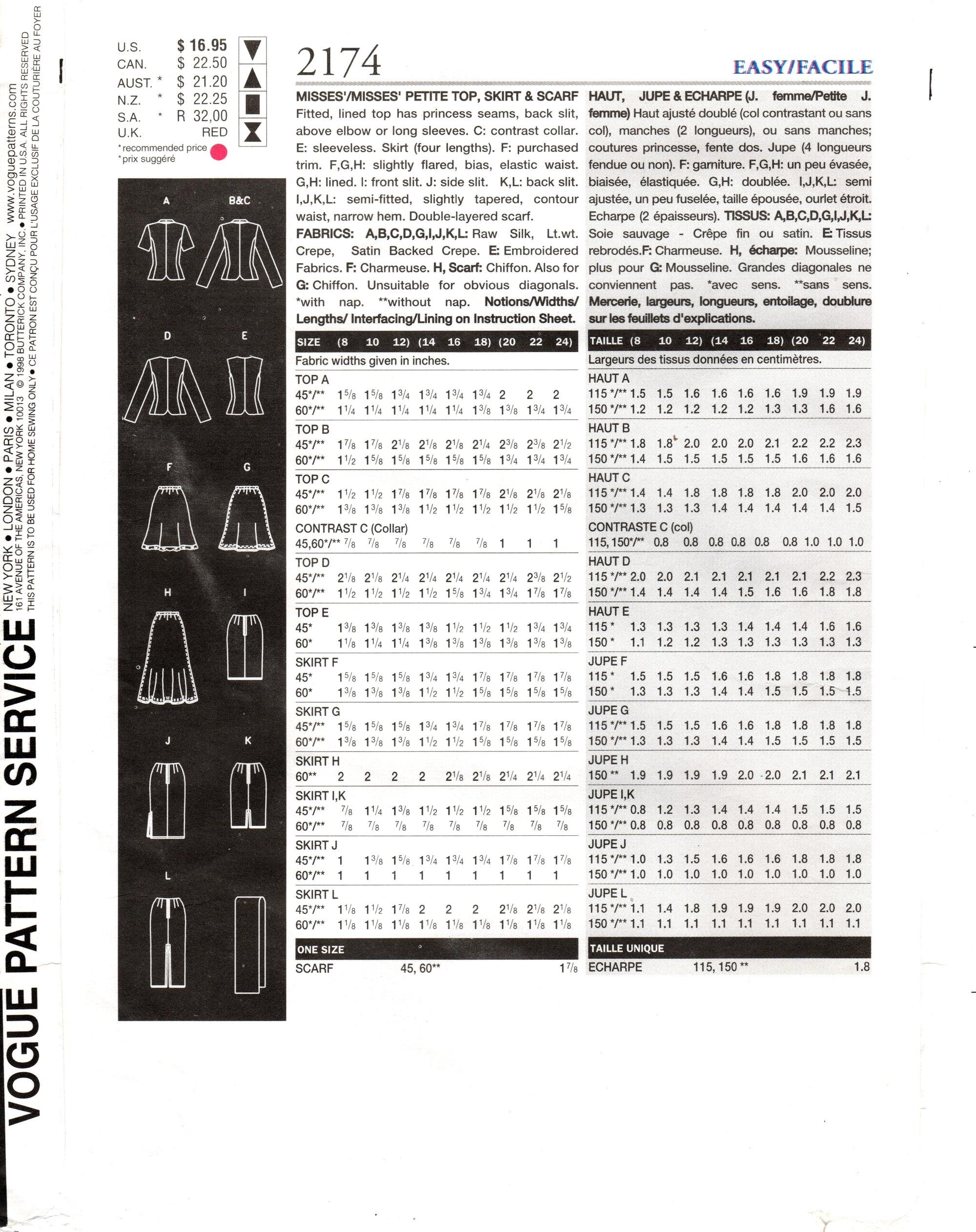 ワードローブ Vogue 2174 Dress Pattern: Misses' Top, Skirt & Scarf (size 14/16