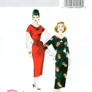 May include: A Butterick B5707 sewing pattern envelope featuring illustrations of two dresses. One is a solid red dress with a cowl neckline and short sleeves. The other is a black dress with a floral print, three-quarter sleeves, and a cutout neckline.