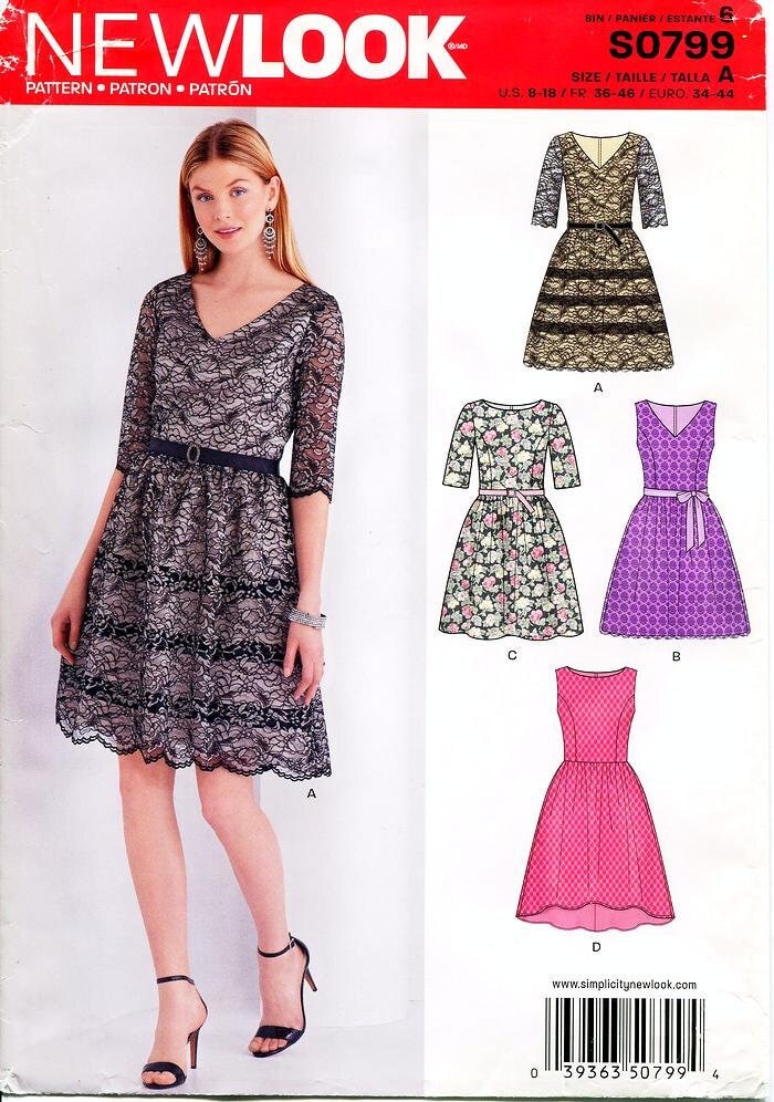 New Look S0799 Dress Sewing Pattern: Flared V-neck, Sz 8-18 - Etsy
