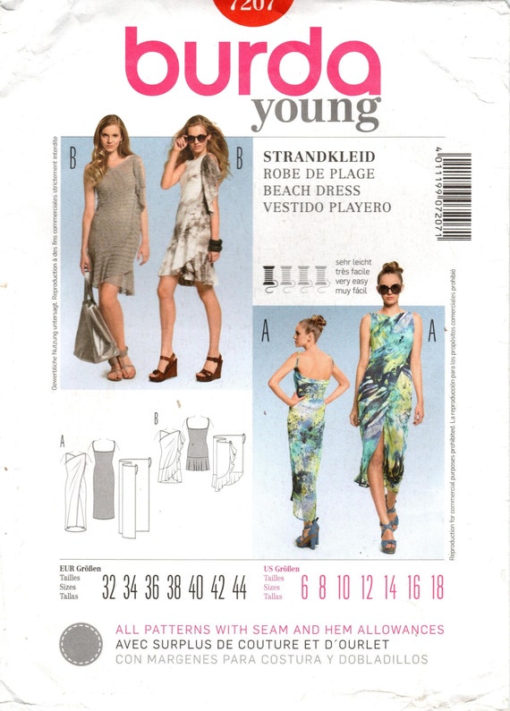 Patron de couture Burda 7207 Robe de plage cache c ur pres du corps pour femme en deux versions et portefeuille a volants Patrons Burda Tailles 6 a 18 Etsy France