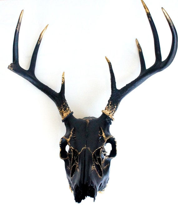 Black Gold Leaf Deer Skull Wall Decor Art OOAK Etsy