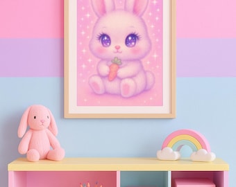 May include: A framed picture of a charming pink bunny with a carrot, set against a sparkly pink backdrop. The image is above a pastel-coloured shelf with toys and decorations, including a plush bunny and a rainbow.