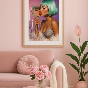 Glam Mirror Kiss Art Print: Green Hair Diva, Retro Vanity Decor (Digital Download)