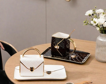 Luxury Handbag Shaped Mug Set Creative Tote Bag Design Coffee Cups with Saucer Elegant Dessert  Afternoon Tea Drinkware Perfect Gift for Her