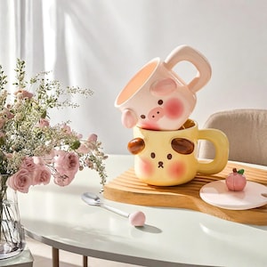Tazas de cerámica Dibujos animados Cachorro Animales tridimensionales Cerdo rosa Linda taza de café con tapa Tazas de leche para el desayuno de los niños